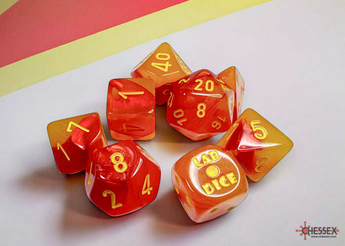 Chessex Lab Dice 8 Gemini Gellow-Red/yellow Polyhedral Luminary 7-Dice Set (with bonus die) | Dragon's Lair Comics and Fantasy Houston TX