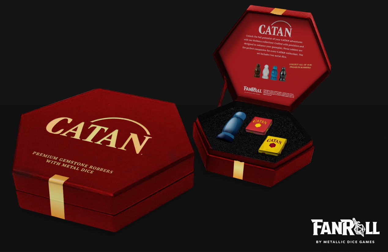 CATAN Premium Robber & Metal Dice Set- Cat's Eye Aquamarine | Dragon's Lair Comics and Fantasy Houston TX