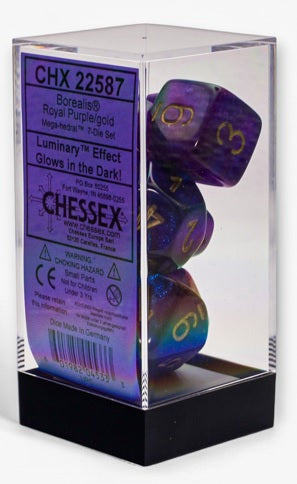 Chessex Borealis: Mega-hedral Royal Purple/gold Luminary 7-Die Set | Dragon's Lair Comics and Fantasy Houston TX