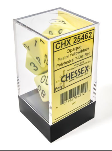 Chessex Poly 7 Dice Set: Opaque Pastel Yellow with Black | Dragon's Lair Comics and Fantasy Houston TX