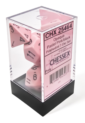 Chessex Poly 7 Dice Set: Opaque Pastel Pink with Black | Dragon's Lair Comics and Fantasy Houston TX