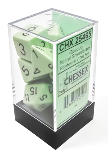 Chessex Poly 7 Dice Set: Opaque Pastel Green with Black | Dragon's Lair Comics and Fantasy Houston TX