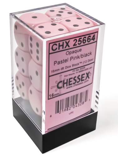 Chessex 16mm d6 Dice Set: Opaque Pastel Pink with Black | Dragon's Lair Comics and Fantasy Houston TX