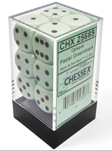 Chessex 16mm d6 Dice Set: Opaque Pastel Green with Black | Dragon's Lair Comics and Fantasy Houston TX