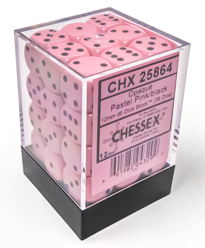 Chessex 12mm d6 Dice Set: Opaque Pastel Pink with Black | Dragon's Lair Comics and Fantasy Houston TX