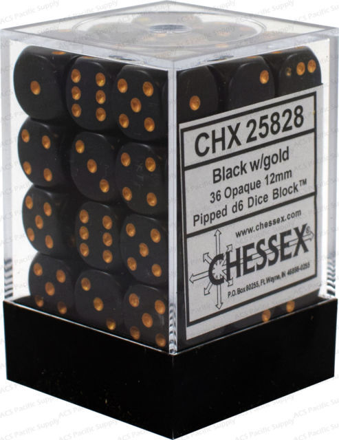 Chessex Opaque 12mm D6 Black with Gold 36 ct | Dragon's Lair Comics and Fantasy Houston TX