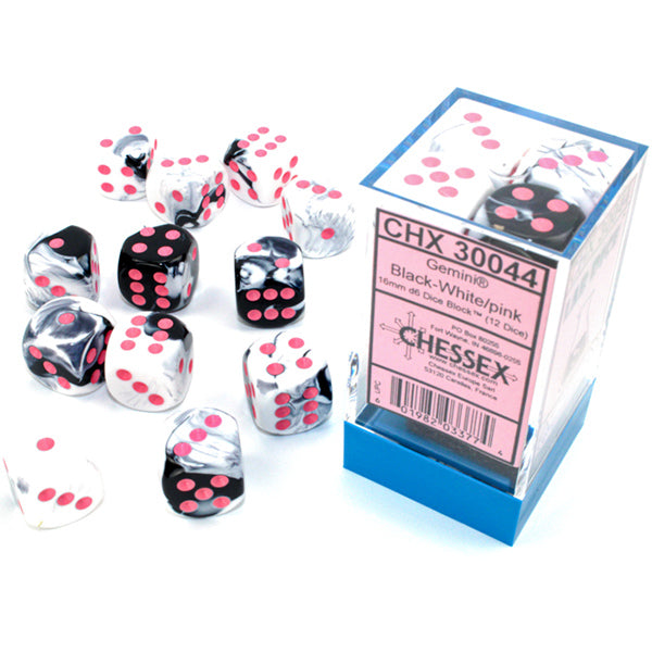 Chessex Gemini Black and White with Pink 16mm D6 Dice Set | Dragon's Lair Comics and Fantasy Houston TX