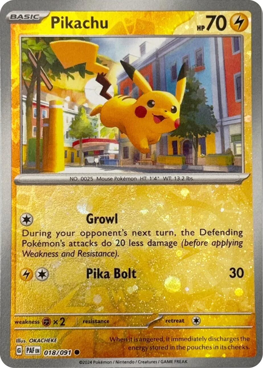 Pikachu (018/091) (Reverse Cosmos Holo) [Scarlet & Violet: Paldean Fates] | Dragon's Lair Comics and Fantasy Houston TX