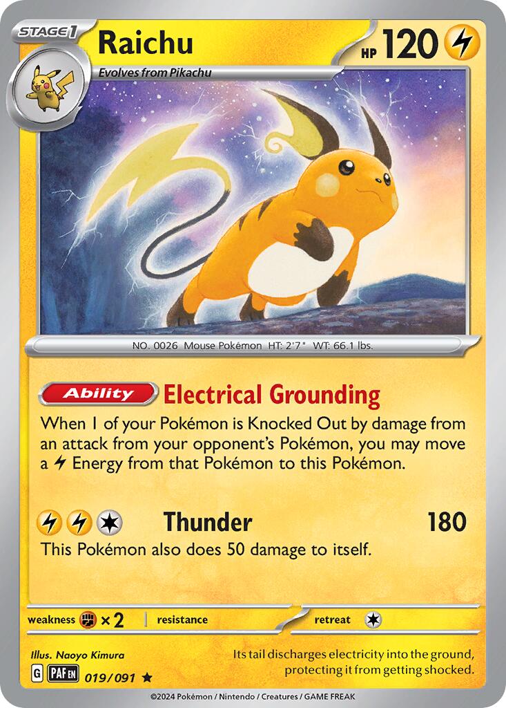 Raichu (019/091) (Theme Deck Exclusive) [Scarlet & Violet: Paldean Fates] | Dragon's Lair Comics and Fantasy Houston TX