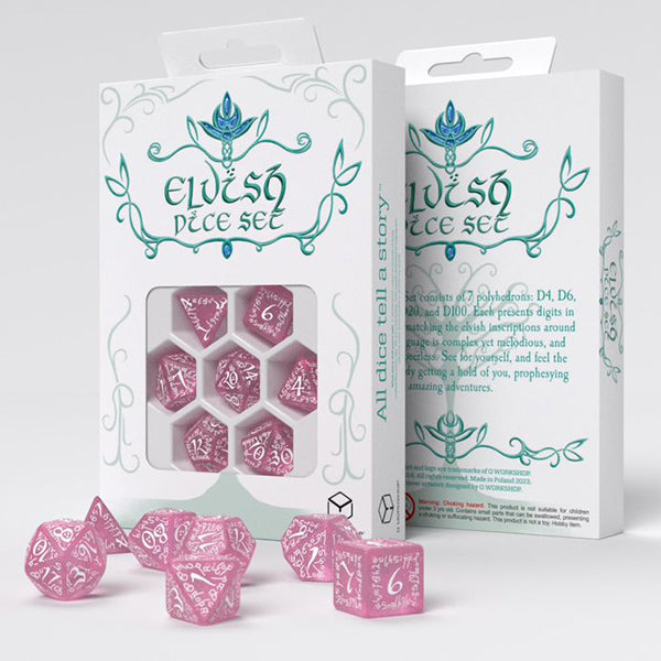 Q Workshop Elvish Poly 7 Dice Set Shimmering Pink and White | Dragon's Lair Comics and Fantasy Houston TX