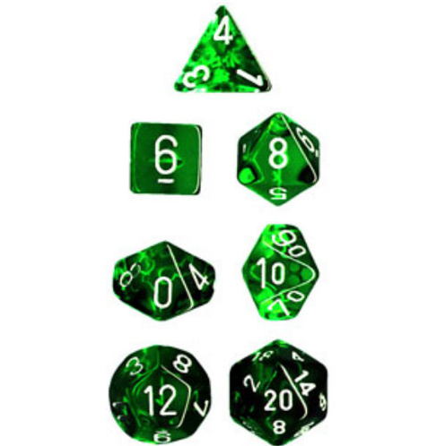 Chessex Mini Poly 7 Dice Set: Translucent Green/White | Dragon's Lair Comics and Fantasy Houston TX