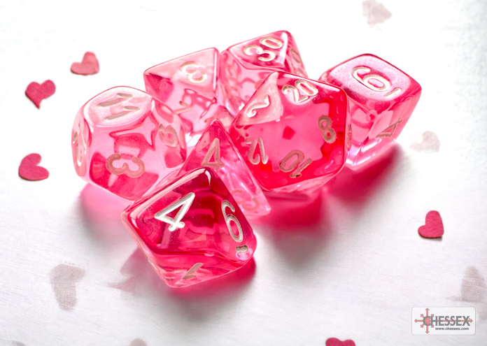 Chessex Mini Poly 7 Dice Set: Translucent Pink/White | Dragon's Lair Comics and Fantasy Houston TX