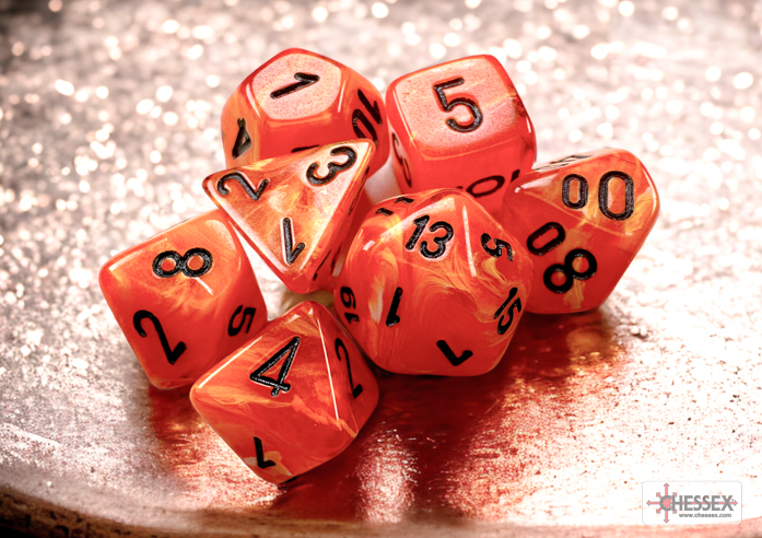 Chessex Mini Poly 7 Dice Set: Vortex Orange/Black | Dragon's Lair Comics and Fantasy Houston TX