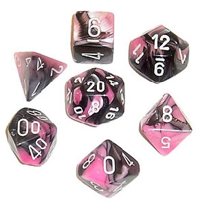 Chessex Mini Poly 7 Dice Set: Gemini Black Pink/White | Dragon's Lair Comics and Fantasy Houston TX