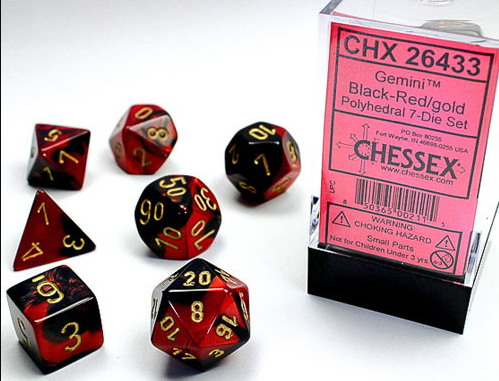 Chessex Mini Poly 7 Dice Set: Gemini Black Red/Gold | Dragon's Lair Comics and Fantasy Houston TX