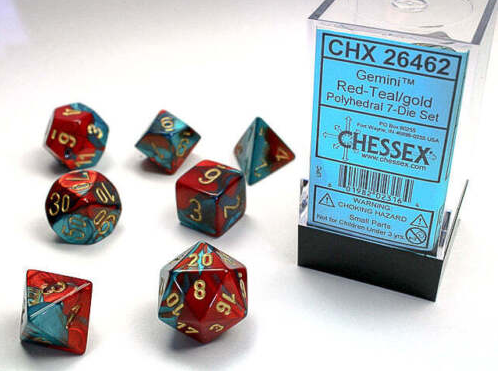 Chessex Mini Poly 7 Dice Set: Gemini Red Teal/Gold | Dragon's Lair Comics and Fantasy Houston TX