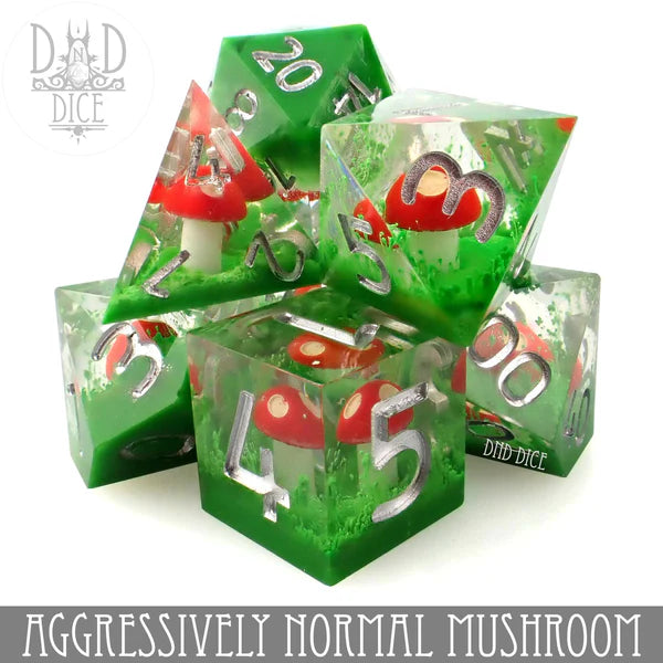 DND Dice Poly 7 Dice Set: Aggressively Normal Mushroom (Handmade) | Dragon's Lair Comics and Fantasy Houston TX