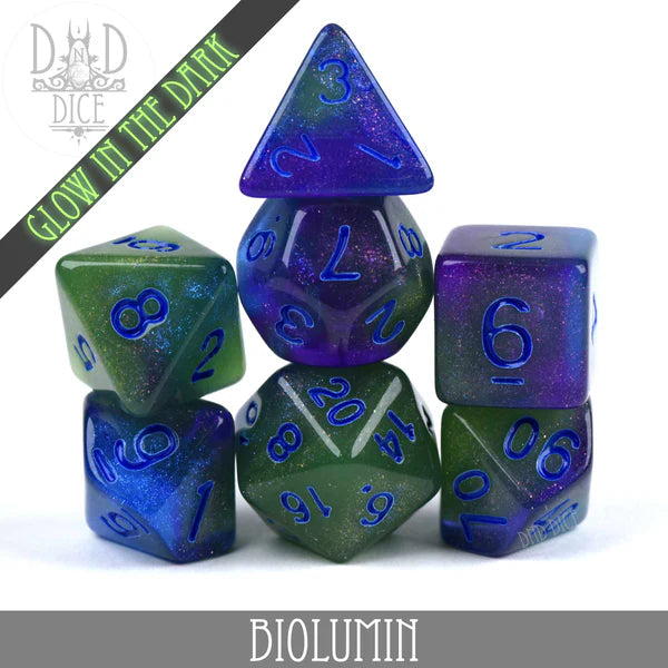 DND Dice Poly 7 Dice Set: Biolumin (Glow) | Dragon's Lair Comics and Fantasy Houston TX