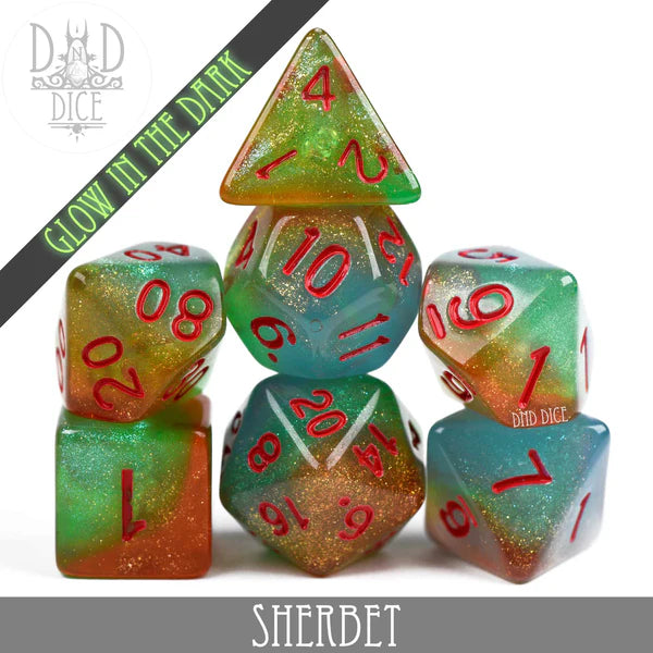 DND Dice Poly 7 Dice Set: Sherbet (Glow) | Dragon's Lair Comics and Fantasy Houston TX