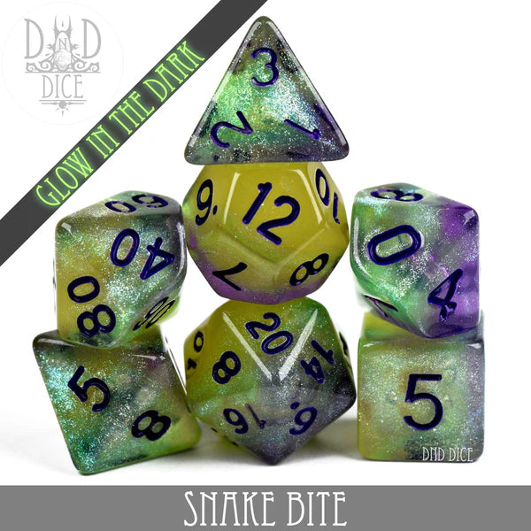 DND Dice Poly 7 Dice Set: Snake Bite (Glow) | Dragon's Lair Comics and Fantasy Houston TX