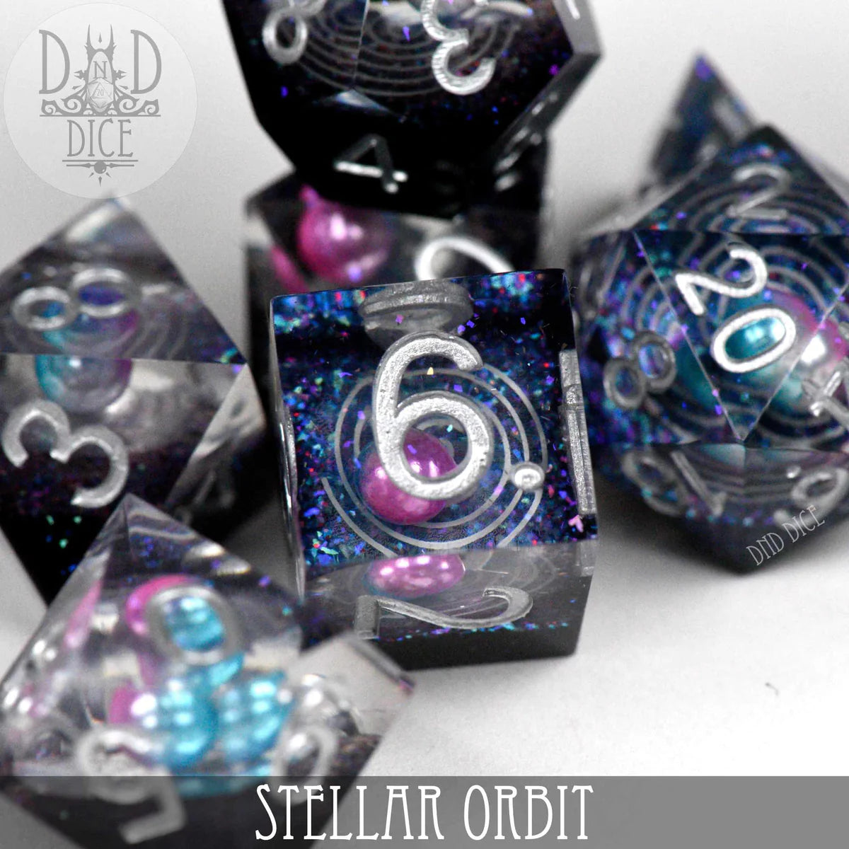 DND Dice Handmade Sharp Edge Poly 7 Dice Set: Stellar Orbit | Dragon's Lair Comics and Fantasy Houston TX