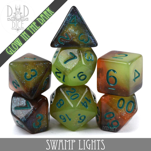 DND Dice Poly 7 Dice Set: Swamp Lights (Glow) | Dragon's Lair Comics and Fantasy Houston TX