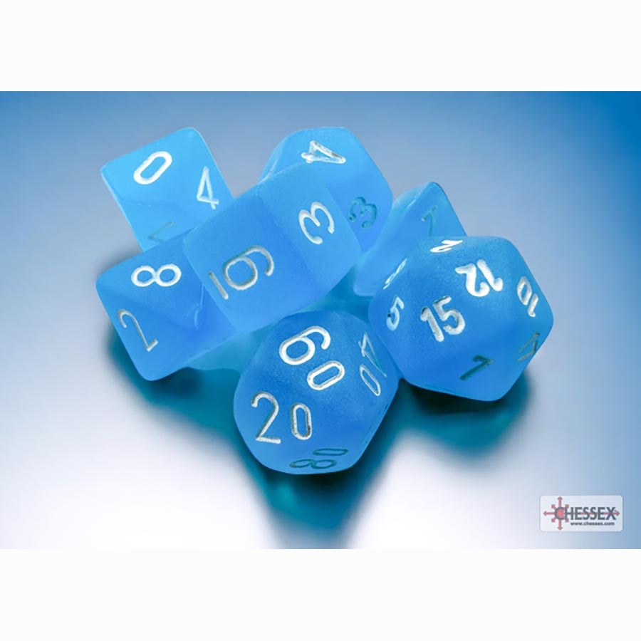 Chessex Mini Poly 7 Dice Set: Frosted Carribean Blue with White | Dragon's Lair Comics and Fantasy Houston TX