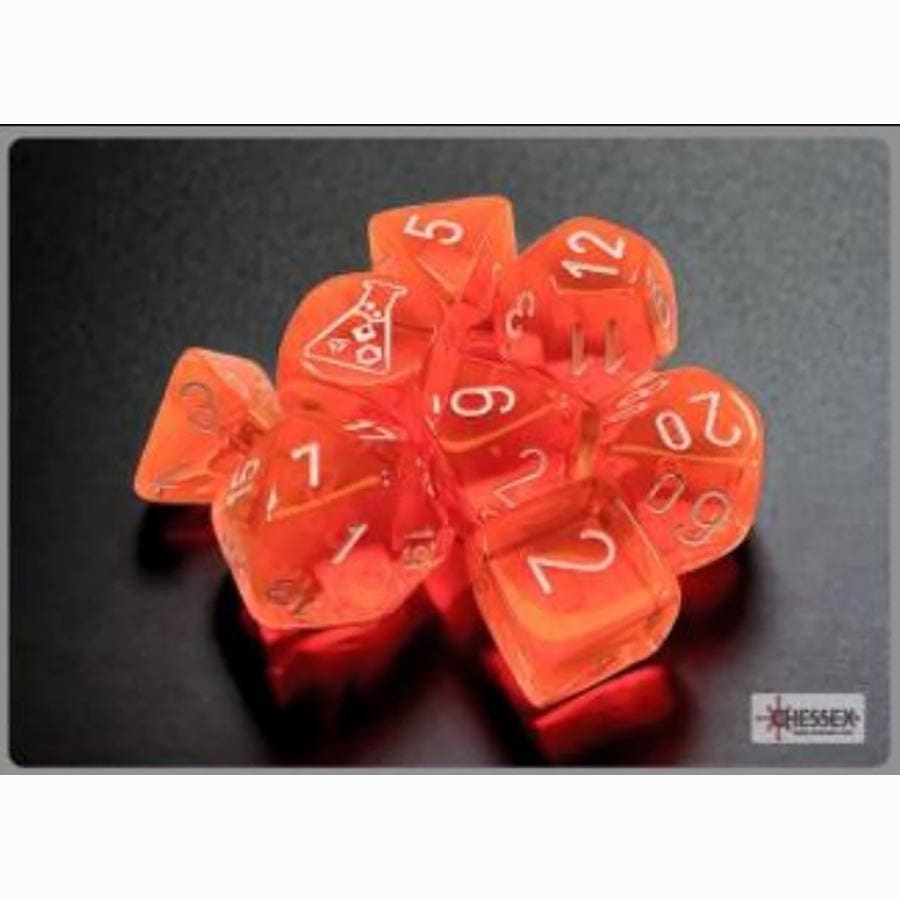 Chessex Lab Dice 7 Translucent Poly 7 Neon Orange and White Set with bonus dice | Dragon's Lair Comics and Fantasy Houston TX