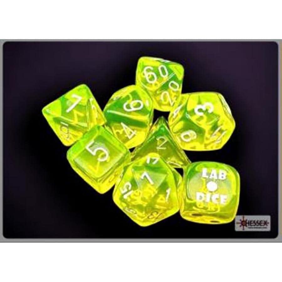 Chessex Lab Dice 7 Translucent Poly 7 Neon Yellow and White Set with bonus dice | Dragon's Lair Comics and Fantasy Houston TX