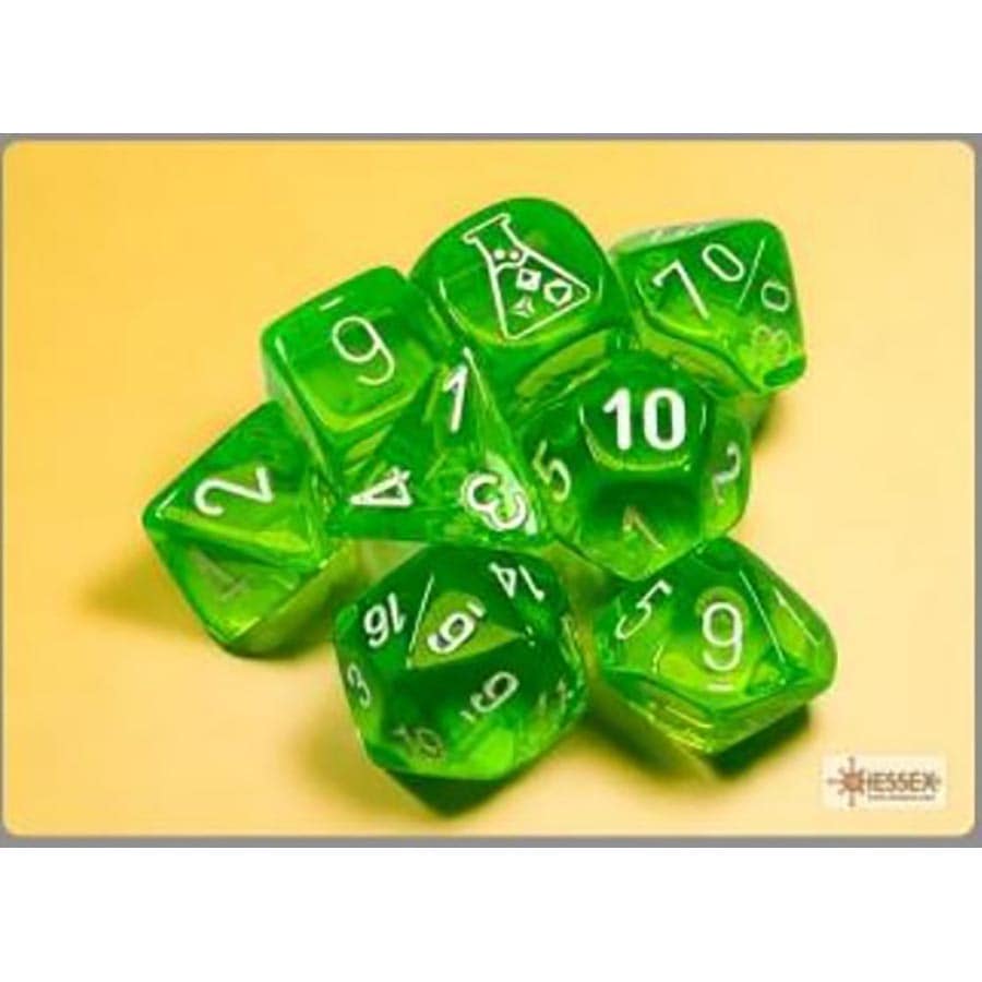 Chessex Lab Dice 7 Translucent Poly 7 Rad Green and White Set with bonus dice | Dragon's Lair Comics and Fantasy Houston TX