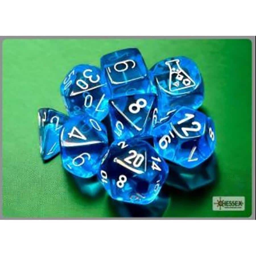 Chessex Lab Dice 7 Translucent Poly 7 Tropical Blue and White Set with bonus dice | Dragon's Lair Comics and Fantasy Houston TX