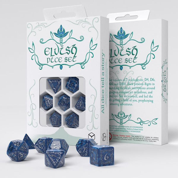 Q Workshop Elvish Poly 7 Dice Set Cobalt & Silver | Dragon's Lair Comics and Fantasy Houston TX