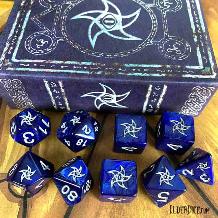 Elder Dice: Blue Astral Elder Sign Poly 7 Set Ley Silver | Dragon's Lair Comics and Fantasy Houston TX