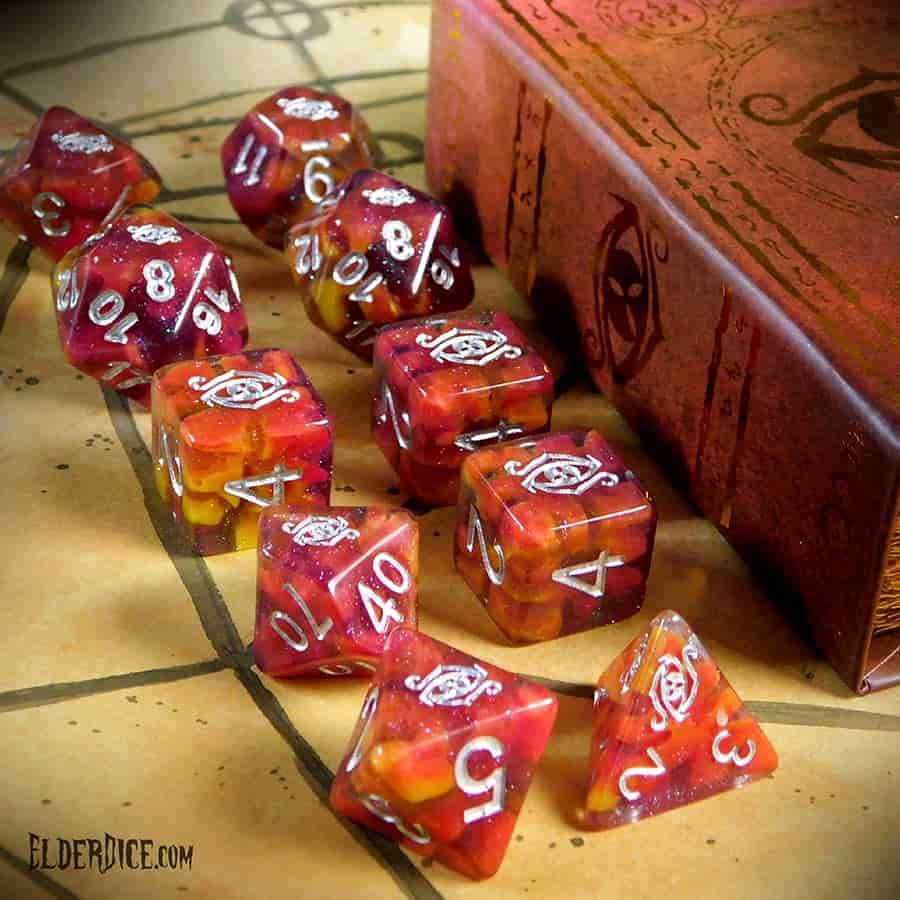 Elder Dice: Eye of Chaos Poly 7 Set Glass and Wax | Dragon's Lair Comics and Fantasy Houston TX