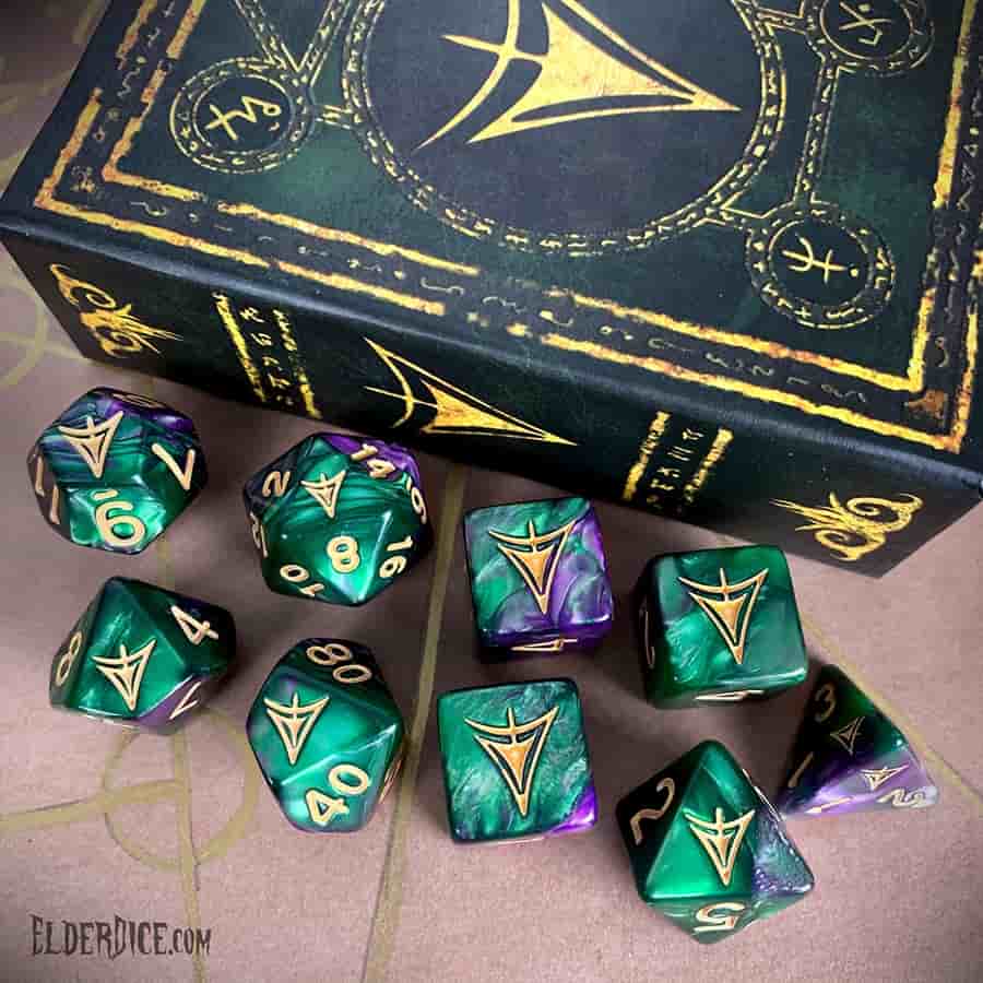 Elder Dice: Yellow Sign Poly 9 Set Masked Purple and Green | Dragon's Lair Comics and Fantasy Houston TX