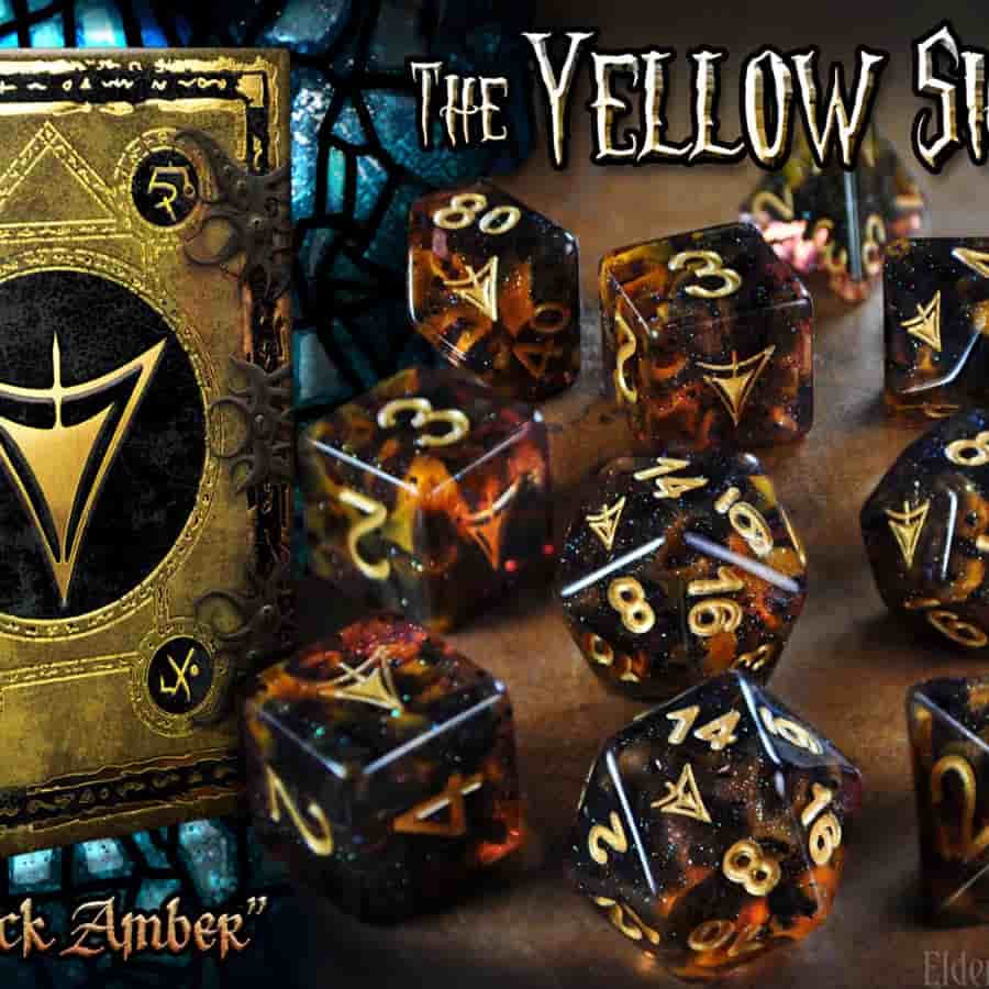 Elder Dice: Yellow Sign Poly 9 Set Glass and Wax | Dragon's Lair Comics and Fantasy Houston TX