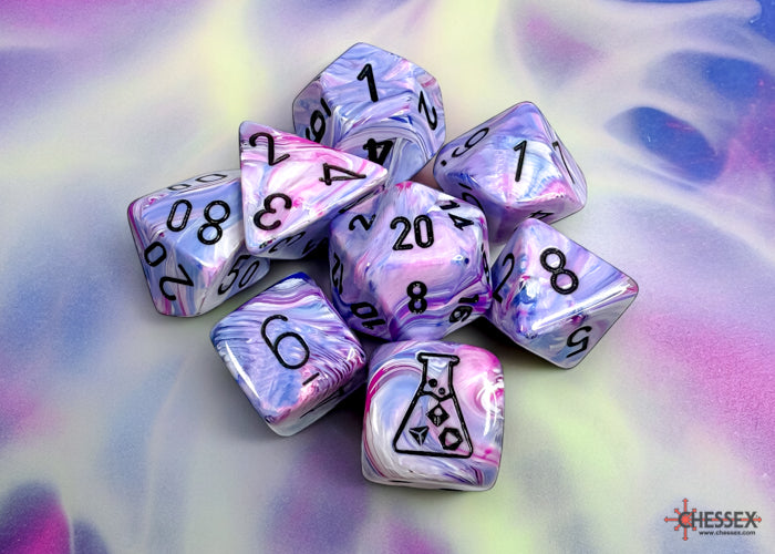 Chessex Lab Dice 8 Festive Hydrangea/black Polyhedral 7-Dice Set (with bonus die) | Dragon's Lair Comics and Fantasy Houston TX