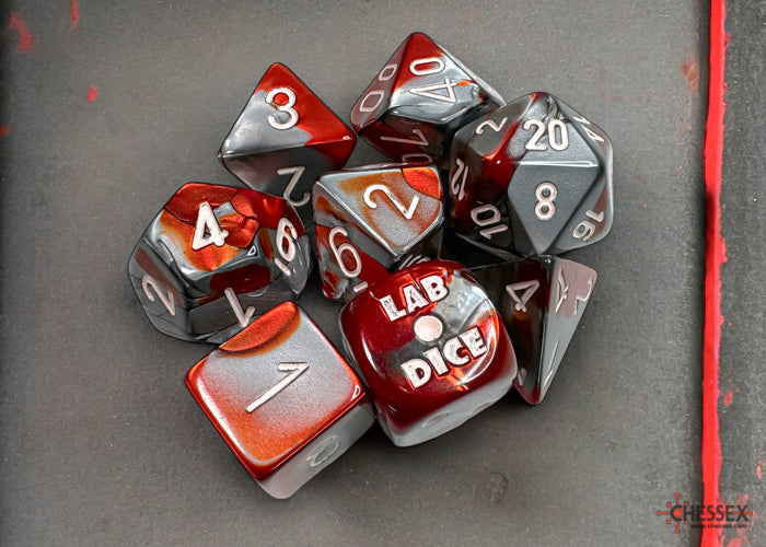 Chessex Lab Dice 8 Gemini Red-Steel/white Polyhedral 7-Dice Set (with bonus die) | Dragon's Lair Comics and Fantasy Houston TX