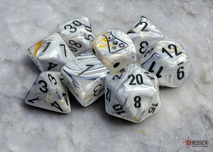 Chessex Lab Dice 8 Marble Calcite/blue Polyhedral 7-Dice Set (with bonus die) | Dragon's Lair Comics and Fantasy Houston TX