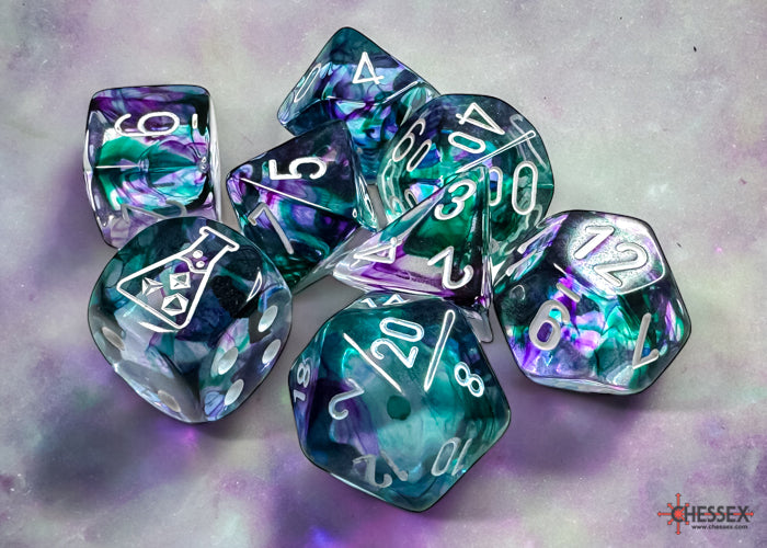 Chessex Lab Dice 8 Nebula Fluorite/white Polyhedral 7-Dice Set (with bonus die) | Dragon's Lair Comics and Fantasy Houston TX