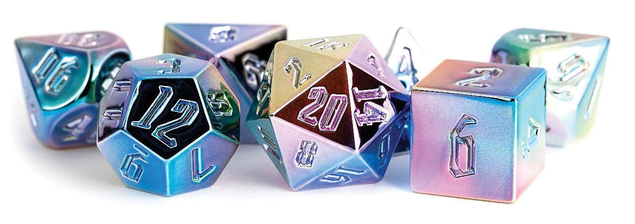 MDG Aluminum Plated Rainbow Aegis Uninked Poly 7 Dice Set | Dragon's Lair Comics and Fantasy Houston TX