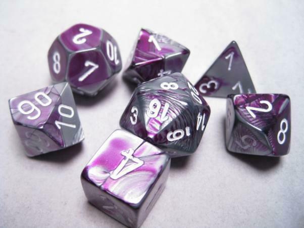 Chessex Gemini 2 Poly Purple Steel/White Poly 7 Set | Dragon's Lair Comics and Fantasy Houston TX