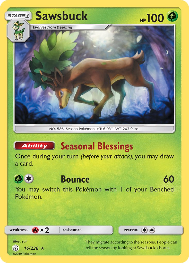 Sawsbuck (16/236) (Prerelease Kit Exclusive) (Theme Deck Exclusive) [Sun & Moon: Cosmic Eclipse] | Dragon's Lair Comics and Fantasy Houston TX