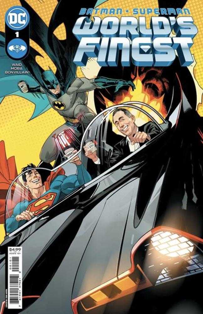 Batman Superman Worlds Finest #1 Cover J  Dan Mora Jerry Seinfeld In The Bat-Mobile Getting Coffee Card Stock Variant | Dragon's Lair Comics and Fantasy Houston TX