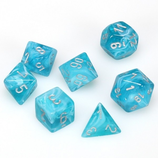 Chessex Dice Menagerie 5 Cirrus Poly Aqua/Silver Poly 7 Set | Dragon's Lair Comics and Fantasy Houston TX