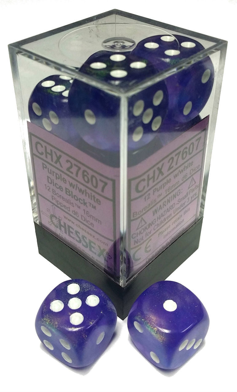 Chessex Borealis: 16mm D6 Purple/White/Black 12 ct | Dragon's Lair Comics and Fantasy Houston TX