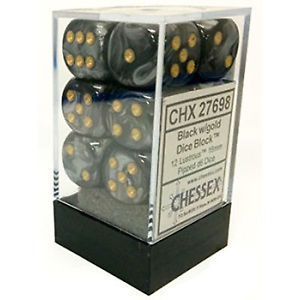 Chessex Lustrous: 16mm D6 Black/Gold 12 ct | Dragon's Lair Comics and Fantasy Houston TX