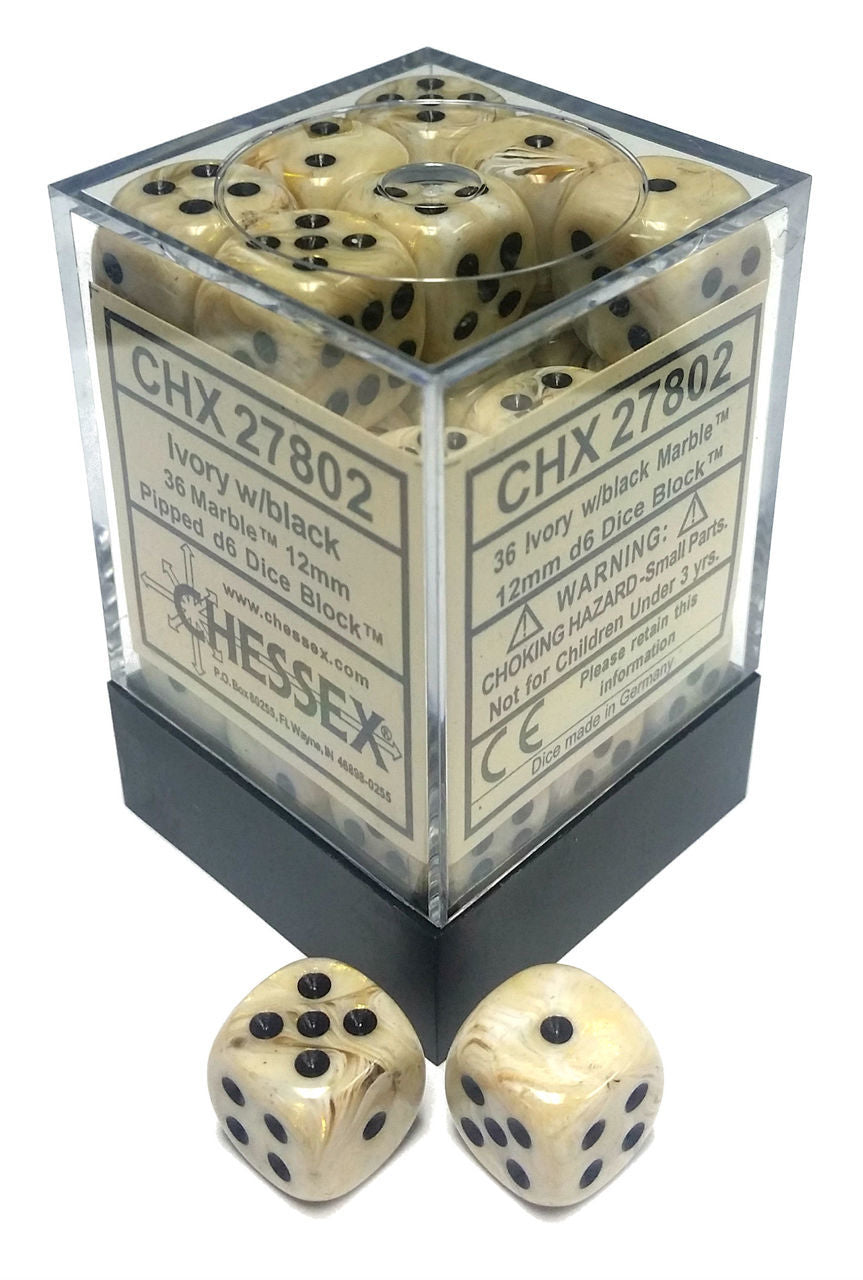 Chessex Dice Menagerie 4 Marble 12mm D6 Ivory/Black 36 ct | Dragon's Lair Comics and Fantasy Houston TX