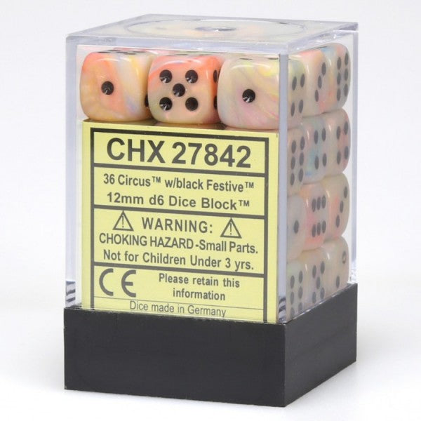 Chessex Dice Menagerie 4 Festive 12mm D6 Circus/Black 36 ct | Dragon's Lair Comics and Fantasy Houston TX