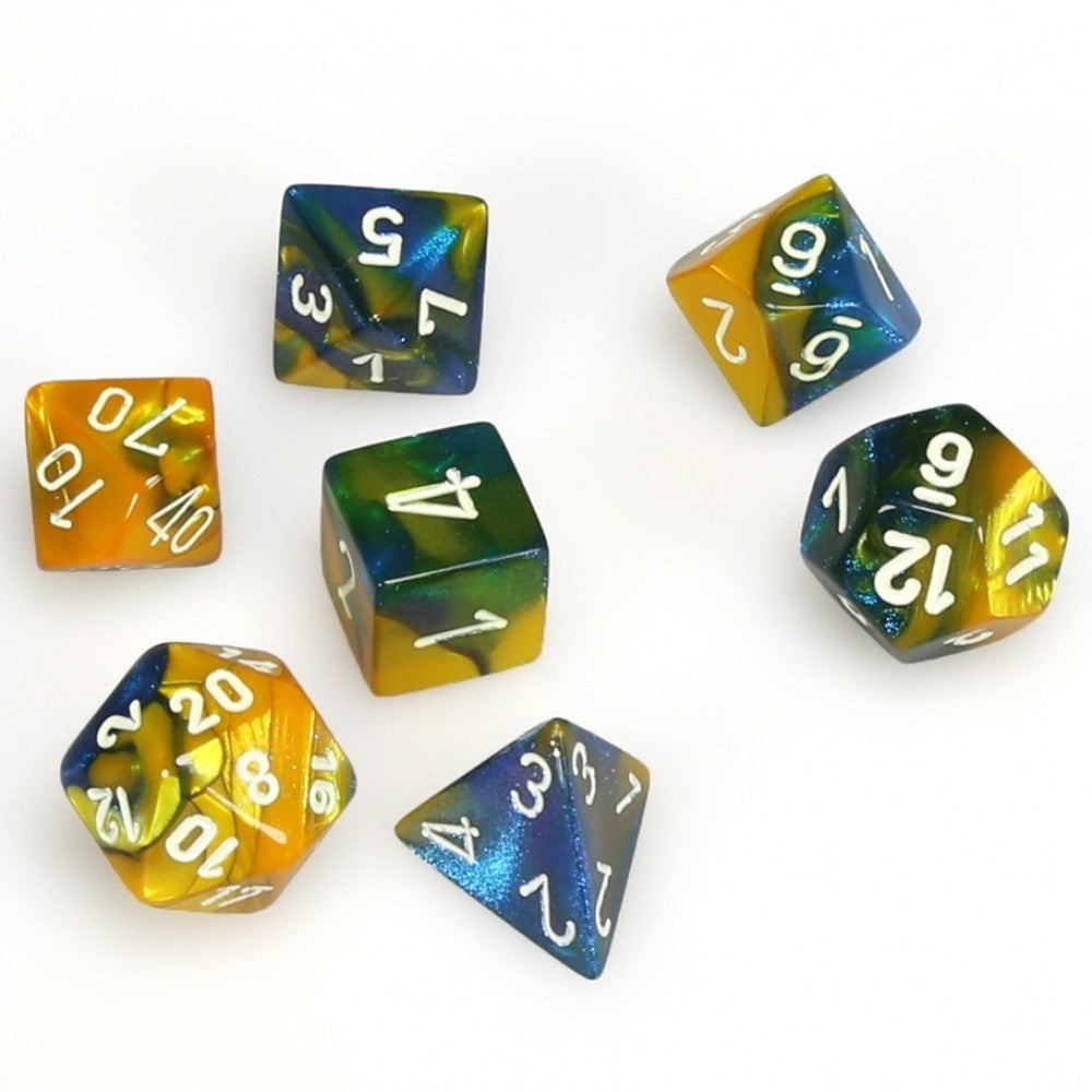 Chessex Gemini Masquerade and Yellow with White Poly 7 Set | Dragon's Lair Comics and Fantasy Houston TX